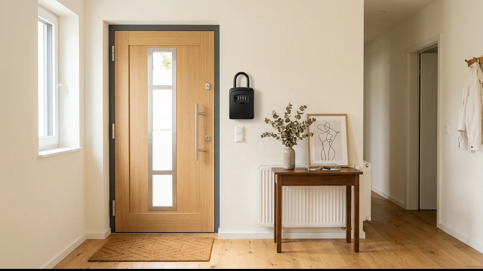 Heller Eingangsbereich einer Ferienwohnung mit Holztür und Schlüsselsafe an der Wand
