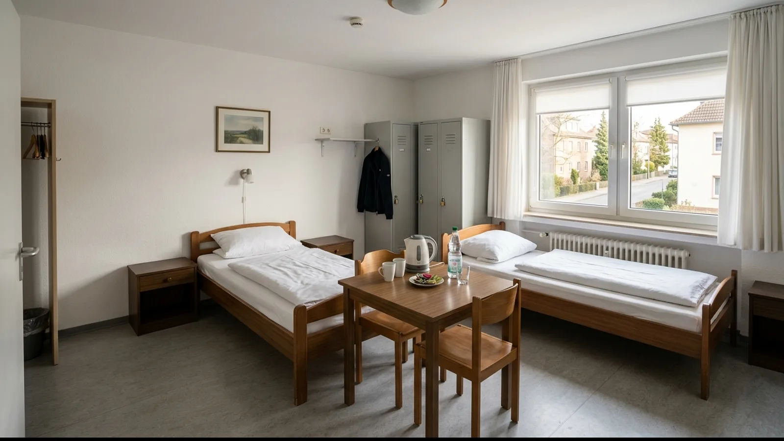 Sauberes, funktionales Monteurzimmer mit zwei Einzelbetten, Tisch und Spinden
